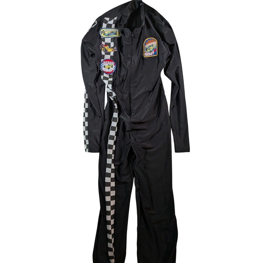 Pit Babe Derby Racing Jumpsuit Black Checkered Flag Costume Patches Small